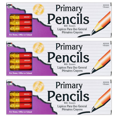 Charles Leonard Primary Pencil, 0.41", Red with Eraser, 12 Per Box, PK3 65505
